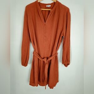 Double Gauze Cotton Dress Button Up belt Balloon Sleeve Dk Orange LA Made SZ LG